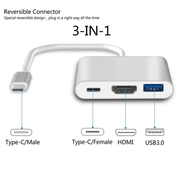 3 v 1, Prenosné-C Samec na USB-C, USB 3.0 4K HDMI Žena Hub Kábel Adaptéra
