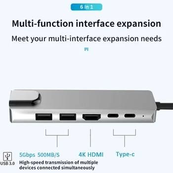 6 in 1 Multifunkčné Typ-C až 4K HDMI, RJ45, USB 3.0 TF PD Nabíjačku Hub Adaptér pre Macbook Android