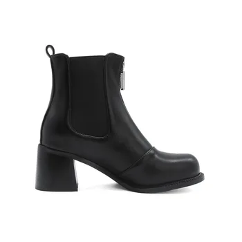 Plus Veľkosť Ženy Chelsea Boots Black 6typ Vysokej Námestie Päty Kolo Prst na Zips Krátke Členková Obuv Retro Teplé Zimné Oblečenie pre Dámy Topánky