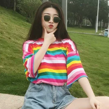 Móda Nové Tričko Ženy Rainbow Prekladané Topy Harajuku Tričko Krátky Rukáv kórejský fashion T-shirt