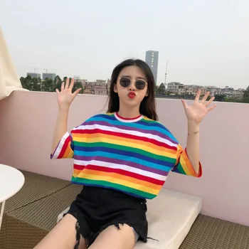 Móda Nové Tričko Ženy Rainbow Prekladané Topy Harajuku Tričko Krátky Rukáv kórejský fashion T-shirt