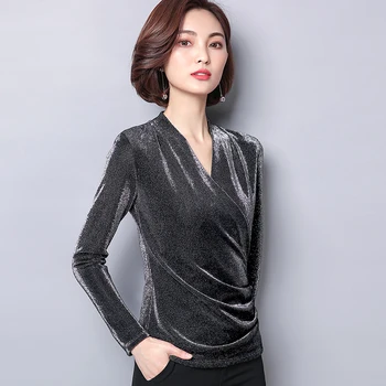 Blusas Mujer De Moda 2021 kórejský Lesklé Lurex Dámske Topy a Blúzky Plus Veľkosť Dlhý Rukáv V krku Blúzka Sequin Štíhle Ženy Tričko