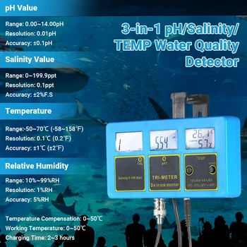 240V Kvality Vody Monitor 3-v-1 PH/Salinita/TEMP Meter Nabíjateľná Kvality Vody Tester Detektor PH & Salinity Monitor