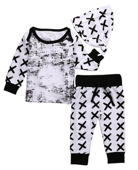 Helen115 Bežné Baby Boy Dievčatá Prekladané Kríž Vytlačené Celý Rukáv tričko +nohavice+klobúk 3ks Sada 0-24m