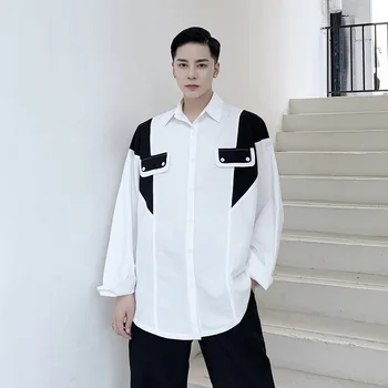 Muži čierna biela spájať príležitostné voľné tričko s dlhým rukávom muž streetwear módy hip hop oblečenie košele