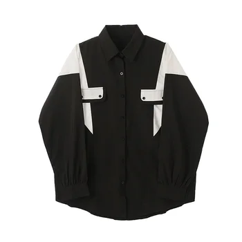 Muži čierna biela spájať príležitostné voľné tričko s dlhým rukávom muž streetwear módy hip hop oblečenie košele