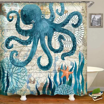 NOVÉ Octopus Tlačený Vzor Sprchový Záves Podstavec Koberec Veko Wc Kryt Mat Vaňa Mat Nastaviť Kúpeľňa Záclony s 12 Háčiky