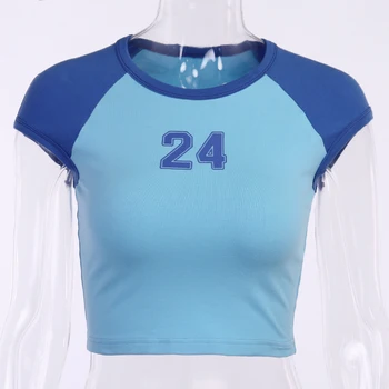 ArtSu Bežné Krátky Rukáv Číslo Tlače Modrej Plodín Top 2020 Lete Ženy Patchwork Športové Slim Elegantné Tričká Streetwear ASTS28015