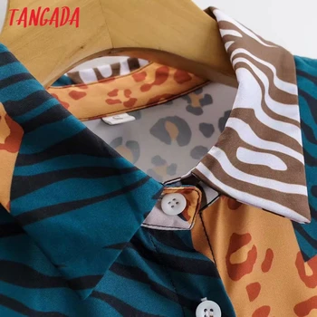 Tangada 2020 Módne Ženy Leopard Tlač Tričko Šaty s Dlhým Rukávom Office Dámy Midi Šaty S Lomka 2F158
