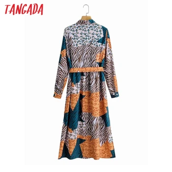 Tangada 2020 Módne Ženy Leopard Tlač Tričko Šaty s Dlhým Rukávom Office Dámy Midi Šaty S Lomka 2F158