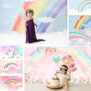Deti 1. Narodeniny Pozadí Rainbow Unicon Pozadie Baby Sprcha Tortu Stôl Dekorácie Ružové Dievča tému Pozadia Fotografie