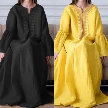 Plus Veľkosť Ženy Bavlnené Šaty VONDA 2021 Bežné Neforemné Dlhý Rukáv Šaty Vintage Kaftan Župan Jar Jeseň Elegantné Vestidos S-5XL