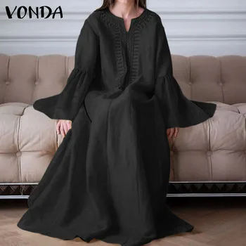 Plus Veľkosť Ženy Bavlnené Šaty VONDA 2021 Bežné Neforemné Dlhý Rukáv Šaty Vintage Kaftan Župan Jar Jeseň Elegantné Vestidos S-5XL