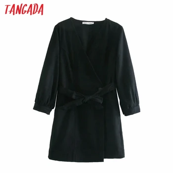 Tangada jeseň zimné móda ženy pevné, elegantné čierne šaty s lomka lístkového rukáv v krku dámske mini šaty 6P61