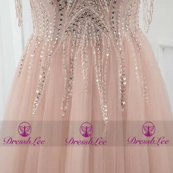DressbLee šampanské mermaid party šaty hlboké V-neck šaty plné korálkové crystal a sukne dlhé šaty s uväzovaním za sexy prom šaty