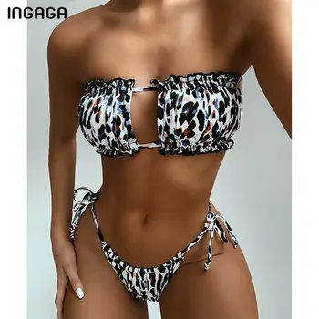 INGAGA Bandeau Bikini 2021 Plavky Ženy Plavky Mikro Tangá Bikini Set Leopard Skladaný Biquini Plaviek na Kúpanie Vyhovuje