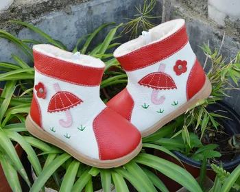 Dievčatá topánky pravej kože plyšové podšívka dáždnik kvety na tráve zábava topánky červená, ružová, zelená farba zimné nová kolekcia