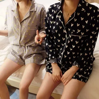 Ženy Sleepwear Milujúceho Srdca Tlače Pyžamo Set Tričko s Dlhým Rukávom+Nohavice hlavový most 3ks Elastický Pás kórejský Domáce Oblečenie S963