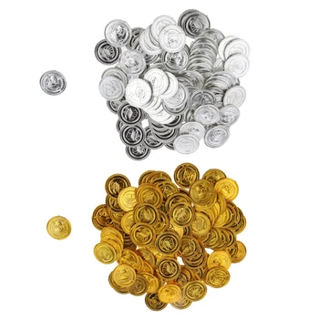 200pcs Pirát Mince, Zlaté Strieborné Mince Hra Mince Prop Šťastný Halloween Prípade Dekorácie Láskavosti Poklad Mincí Falošné Plastové