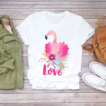 Ženy 2020 Roztomilý Kreslený 90. rokov Tlač Kvet Flamingo Beach Letné Tričko Dámske Dámy T-shirts Top T Grafické Ženský Čaj T-Shirt