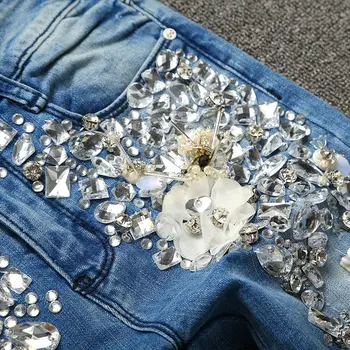 Jesenné a zimné retro výšivky džínsy samičích kvetov sequined diamond chudá ceruzka nohavice nohavice