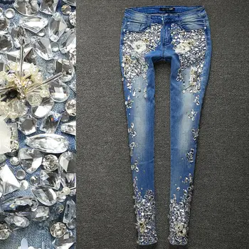 Jesenné a zimné retro výšivky džínsy samičích kvetov sequined diamond chudá ceruzka nohavice nohavice