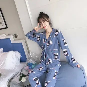 2019 Ženy 2 Ks Pyžamo Sady Prúžok Tlač Nilky Hodváb Pyžamo dámske Sleepwear Krásny Domov Oblečenie Dlhé A Krátke Pijama