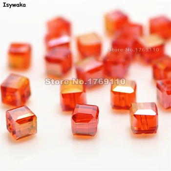 Isywaka 100ks Oranžová Červená AB Farba Námestie 6 mm Rakúsko Crystal Korálky Kúzlo Sklenené Korálky Voľné Dištančné Guľôčok pre DIY Šperky Robiť