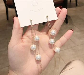 ženy, náušnice, Módne pokovovanie viacerých pearl strapec dlhé ucho drôtené šperky v uchu