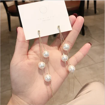 ženy, náušnice, Módne pokovovanie viacerých pearl strapec dlhé ucho drôtené šperky v uchu