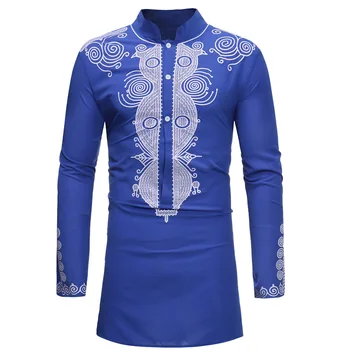 Modrá Afriky Dashiki Tlač Košeľu Mužov 2020 Streetwear Značky Dlhým Vlascom Afriky Oblečenie Mužov Slim Fit Dlhý Rukáv Košieľka Homme