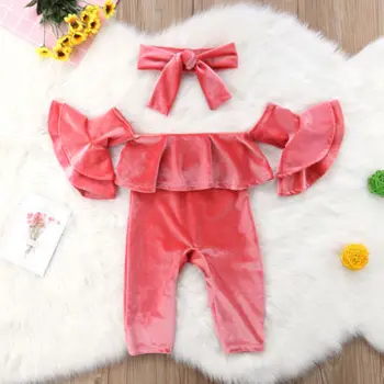 2 Ks Nové Módne Batoľa Detský Baby Dievčatá Oblečenie Nastaviť Velvet Bavlna Vrstvy Svetlice Rukáv Romper Ružová Jumpsuit Sunsuit Oblečenie