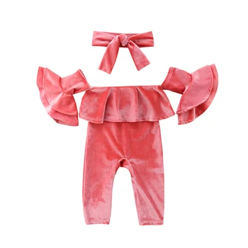 2 Ks Nové Módne Batoľa Detský Baby Dievčatá Oblečenie Nastaviť Velvet Bavlna Vrstvy Svetlice Rukáv Romper Ružová Jumpsuit Sunsuit Oblečenie