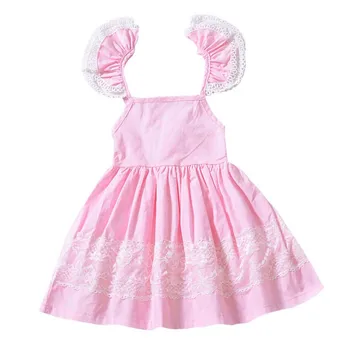 Ružová farba baby girl letné oblečenie cuet bez Rukávov čipky dievča šaty podkolienok Kvety volánikmi bavlna Strany Sundress vestido