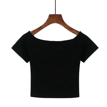 Nové Letné Elegantné Tričko Ženy Lomka Krku Bavlna T-Shirt Štíhly Vysoký Pás Plodín Top Sexi Elastické Základné Tees Tričko Famale 2020