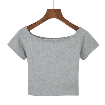 Nové Letné Elegantné Tričko Ženy Lomka Krku Bavlna T-Shirt Štíhly Vysoký Pás Plodín Top Sexi Elastické Základné Tees Tričko Famale 2020