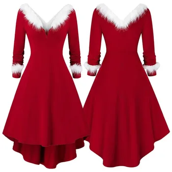 Nový Rok Vianočné Šaty Žien Dospelých Vianoce, Santa Kostým Dlhý Rukáv Plyšové Teplé Fantázie Skladaný Červené Šaty