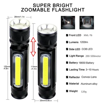 Multifunkčné LED Baterka USB Nabíjateľné batérie Silný T6 Pochodeň Strane KLASU Ľahký Dizajn Baterka Chvost Magnet WorkLight
