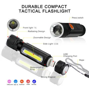 Multifunkčné LED Baterka USB Nabíjateľné batérie Silný T6 Pochodeň Strane KLASU Ľahký Dizajn Baterka Chvost Magnet WorkLight