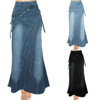 Žien Nepravidelná Volánikmi Denim Dlhé Sukne Žena Vysoký Pás Vrecko Morská víla Veľké Lem Jean Sukne 2020 Vintage Plus Veľkosť 3XL Sukne