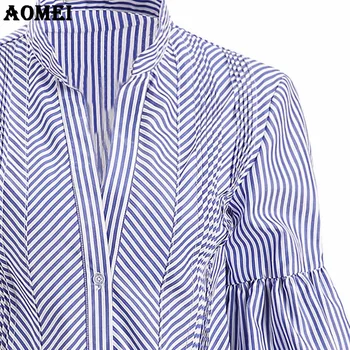 Dámske Modré Pruhované Tričko Šaty pre Ženy Peplum Plus Veľkosť 3XL Tuniku Leto, Jeseň Office Dámske Šaty Šaty Šaty Hore Blusas