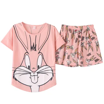 Pajama Top Ružovej Bugs Bunny Cartoon Letné Krátke Pyžamá SetKorean Domáce Oblečenie Kawaii Pajama Ženy
