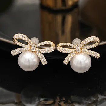 1pair Full-jewelled Bowknot Pearl Náušnice v Tvare Patentky Luxusné Náušnice Klincami Módne Šperky pre Ženy Darček