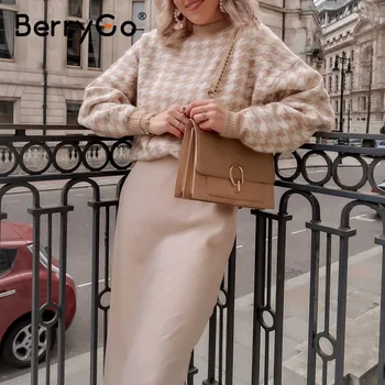 BerryGo ženy geometrické khaki pletený sveter ženy bežné Houndstooth lady pulóver sveter žena Jeseň zima retro jumper