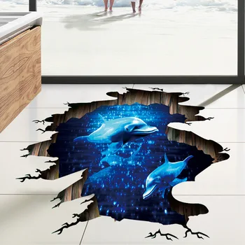 3D Tmavo modrá sen dolphin Poschodí nálepky kúpeľňa obývacia izba podlaha dekorácie, nástenné samolepky na stenu domova obtlačky tapety