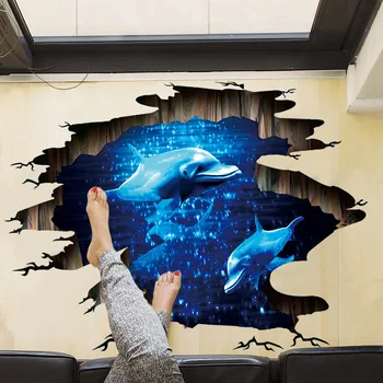 3D Tmavo modrá sen dolphin Poschodí nálepky kúpeľňa obývacia izba podlaha dekorácie, nástenné samolepky na stenu domova obtlačky tapety