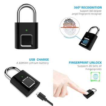 Bezpečnostné zámky Dverí Smart Keyless USB Nabíjateľné Odtlačkov prstov Visiaci zámok Na Skrinke Inteligentných Domov Keyless Zámok