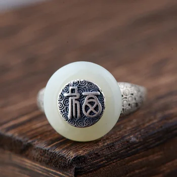 Garantované 925 Sterling Silver Krúžky Prírodné Jade Kameň Čínske Slovo Požehnanie Rezbárstvo Elegantné Nastaviteľný Krúžok Jemné Šperky