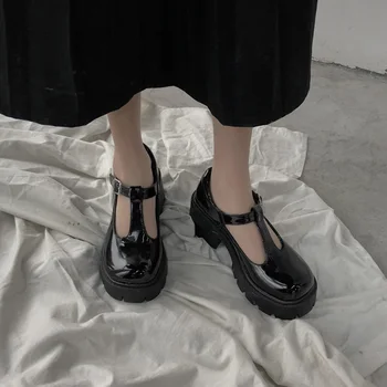 Rosetic Nový Gothic Lolita PU Kožené Topánky Ženy Jar Japonský Literárny Študent Dievča Čierna T-Popruh Prackou Bullock Topánky 2020