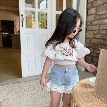 Letné dievčenské blúzky, Detské tričko deti plodín top Deti módne oblečenie výšivky, kvetinové elastický pás lietania rukáv od 2 do 9 rokov